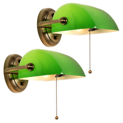 Ensemble de 2 appliques murales de banquier vert rétro, lampes murales à chaînette câblée, luminaires muraux rétro en laiton émeraude à abat-jour en verre antique, lampes murales de lecture classiques pour chambre à coucher, salle de bain, décor intérieur de maison de campagne