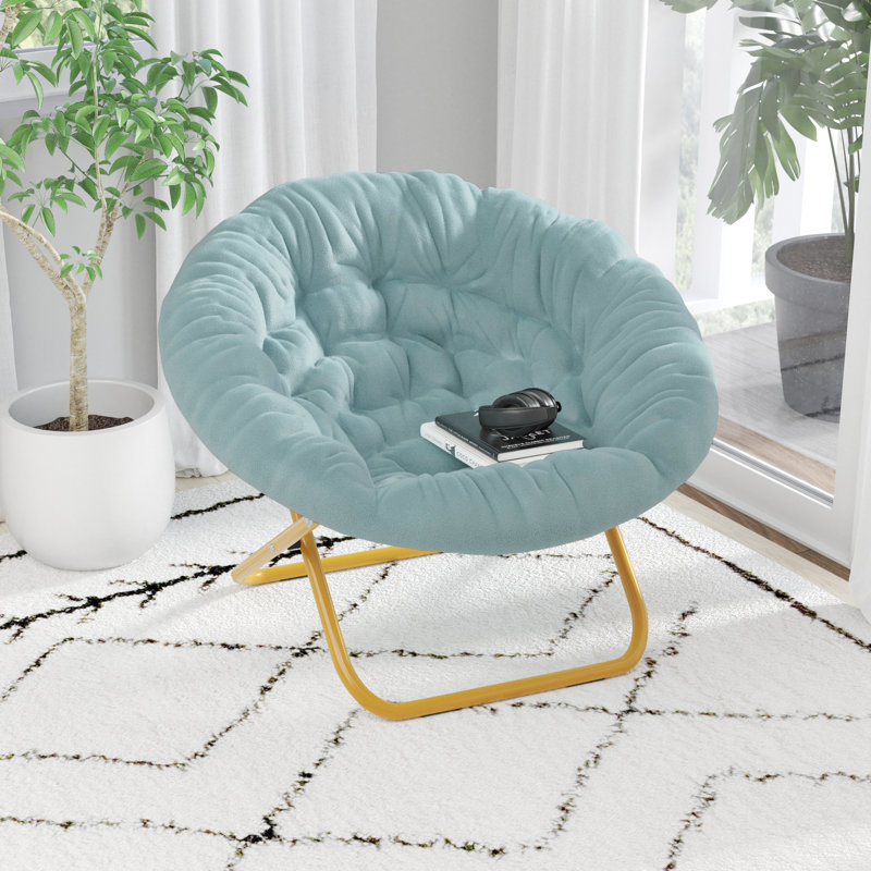 Gwen Folding XL Faux Fur Saucer Chair for Dorm or Bedroom, Dusty Aqua Polyester, Soft Gold