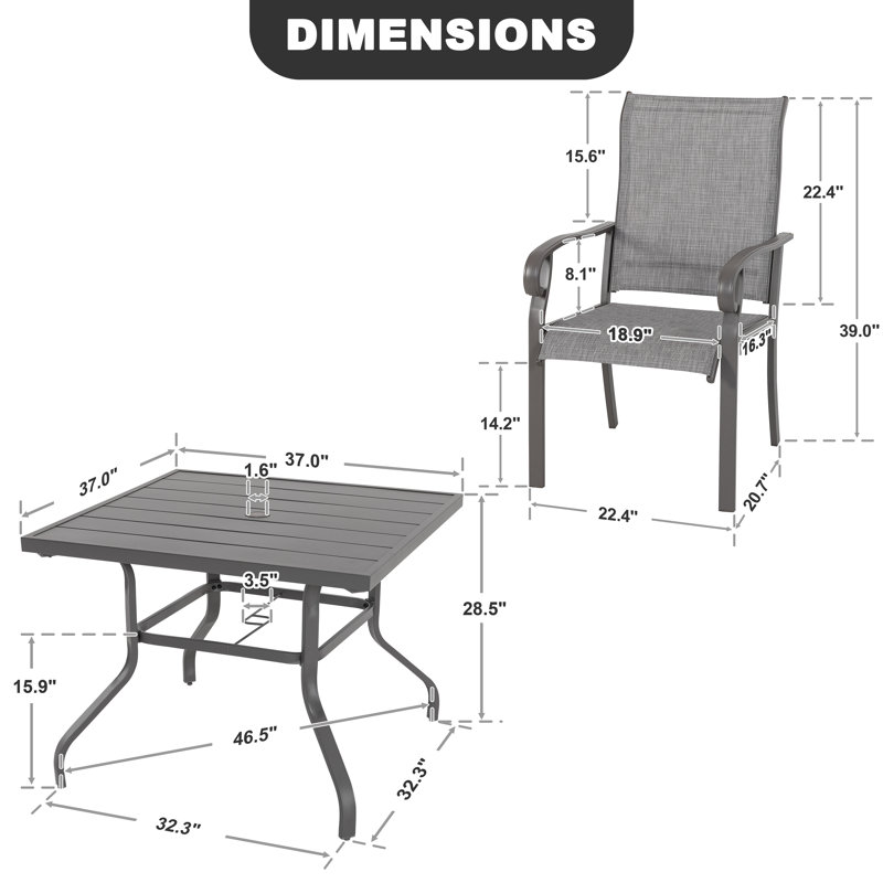 Walnes Outdoor Patio Dining Set, Iron Table, with PVC-coated polyester Chairs, 4