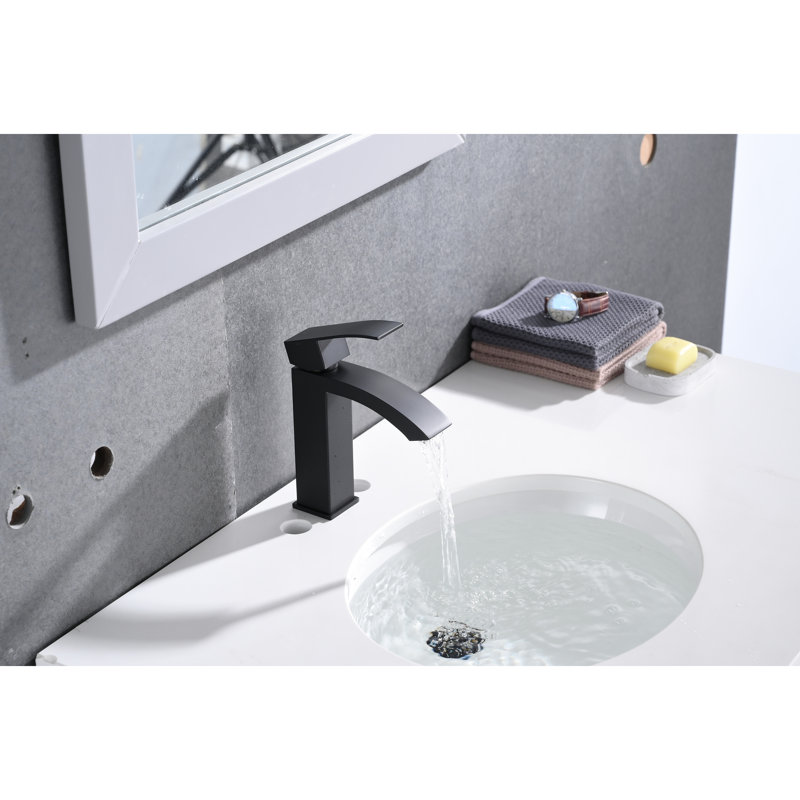 Robinet de lavabo pour salle de bain à poignée simple noir mat avec bec cascade et trop-plein avec bonde escamotable - Acier inoxydable pour une utilisation durable