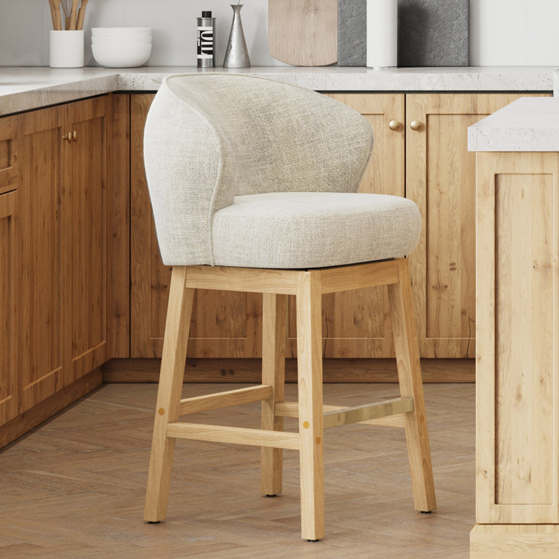 Tabouret tournant 30,32 "avec structure en bois d'hévéa massif et repose-pieds en métal, Siège beige / structure naturelle