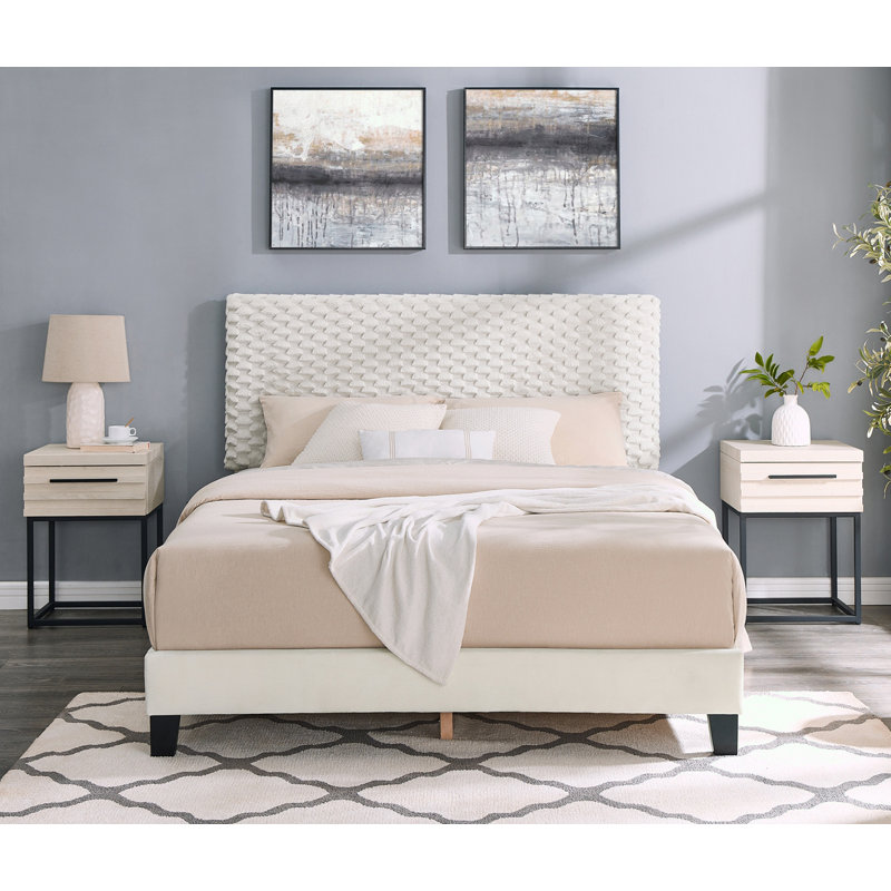 Plush 3D Upholstered Bed with Two Nightstands, Full