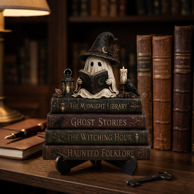 Décoration d'Halloween : Figurine de fantôme en bois pour table, représentant un fantôme de bibliothécaire lisant. Décoration sombre, ornement en bois pour étagère à livres, scène de bibliothèque, décoration de bureau, fantôme effrayant.