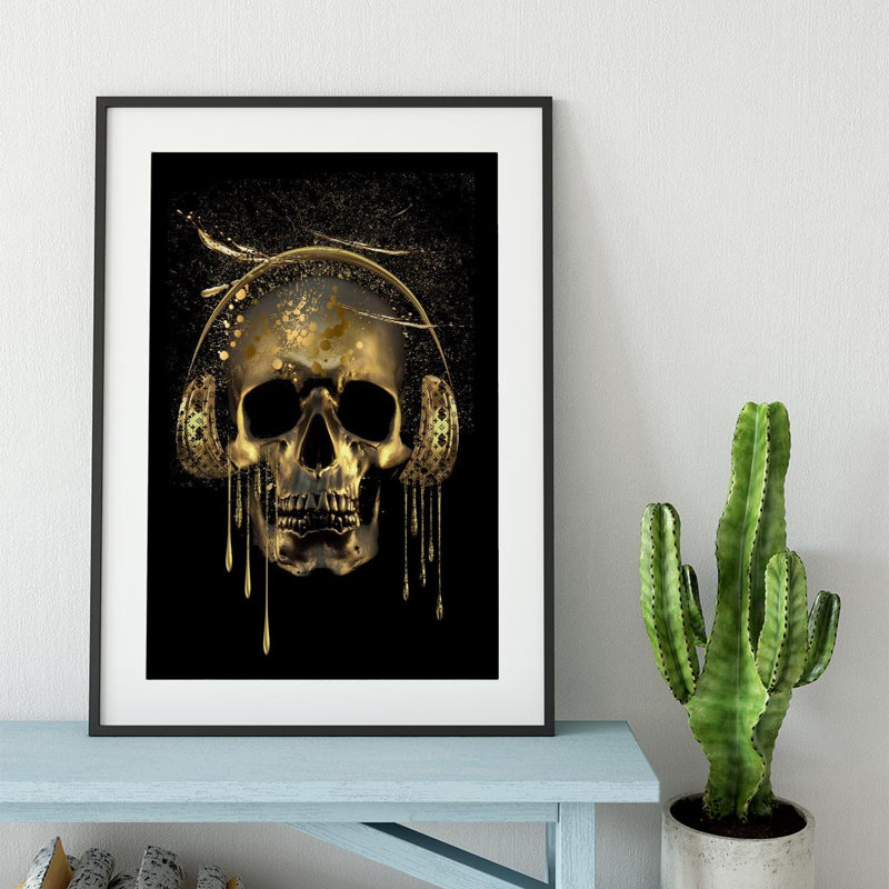 Gold Skull With Headphones - Floater Frame Print, 91cm H x 61cm W x 2.5cm D, Black Framed