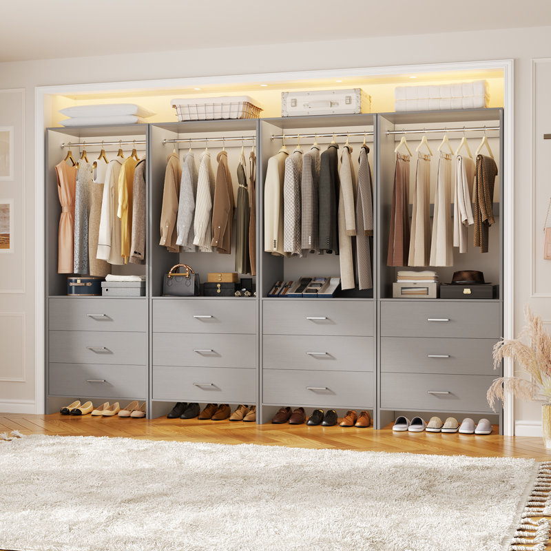 Traig 8ft Closet System with Wooden Drawers and Hanging Rods, Gray
