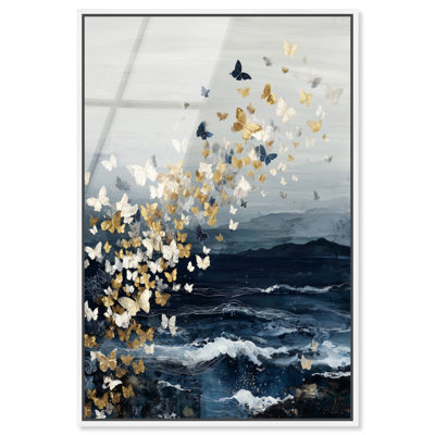 "Gilded Butterfly Flight II", reproduction d'art acrylique encadrée par Art Remedy, cadre blanc, 36 x 54