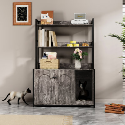 Large Grey Indoor Cat Cabinet With Shelf Storage, Double Doors, And Scratch Pad, A Sensible Hidden Litter Box Enclosure Structure