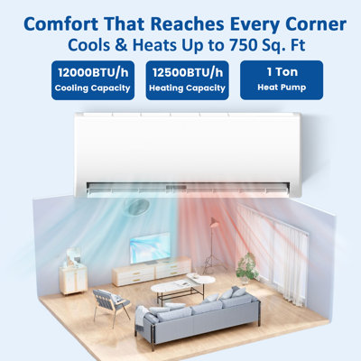 9000 Btu Mini Split Air Conditioner Heat Pump System, 19 Seer2 115V Ductless Inverter System, Cover Up To 600 Sq. Ft, Complete Installation Kit, Ideal For Bedroom, Living Room , Offices