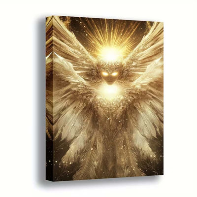 24*16，2D Flat, 1pc Golden Angel Wings Canvas Poster - Elegant Golden Wings & Radiant Light Backdrop.
