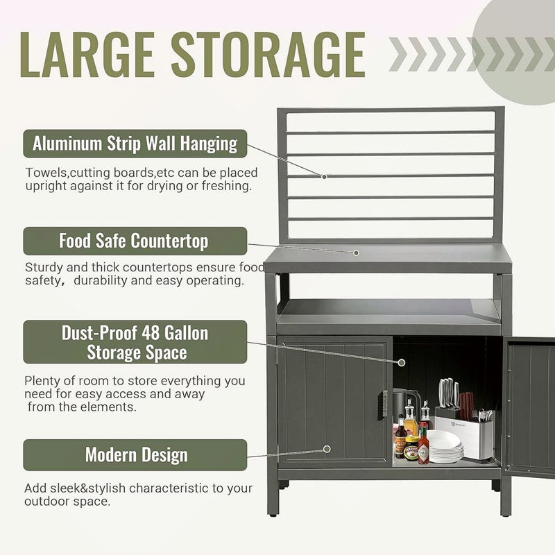 Outdoor Kitchen Island With Storage, Aluminum Kitchen Storage Island With Wall Hanging, Freestanding Grill Storage Cabinet With Protective Cover For BBQ, Deck, Patio, Backyard