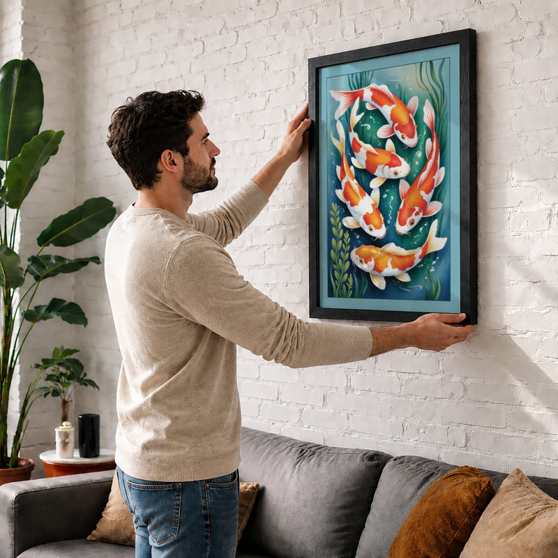 Koi Among Waterplants Japandi - Framed Print, A1 - 84.1 x 59.4 cm, White