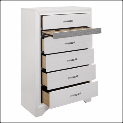 Commode glamour à finition blanche avec faux cristaux, tiroir à bijoux caché et paillettes argentées pour les chambres à coucher modernes