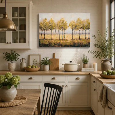 Reproduction d'art sur toile encadrée avec arbre abstrait forêt d'automne, feuille d'or peinte à la main et pierres intégrées pour une décoration intérieure élégante