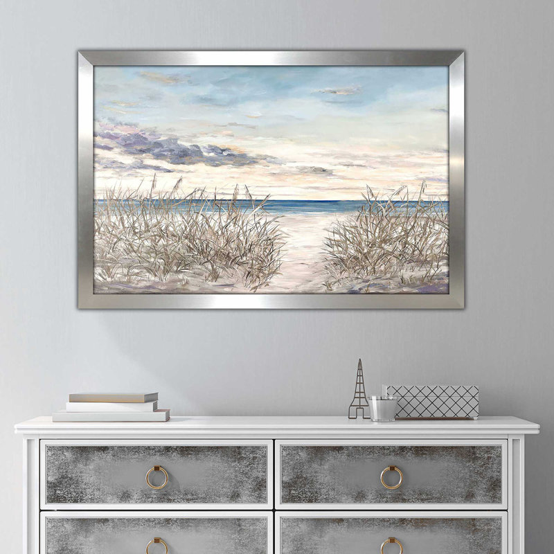 «Peaceful Beaches» par Julie Derice - Peinture, H 33,5 po x l 49,5 po x P 1 po, Encadrement argenté