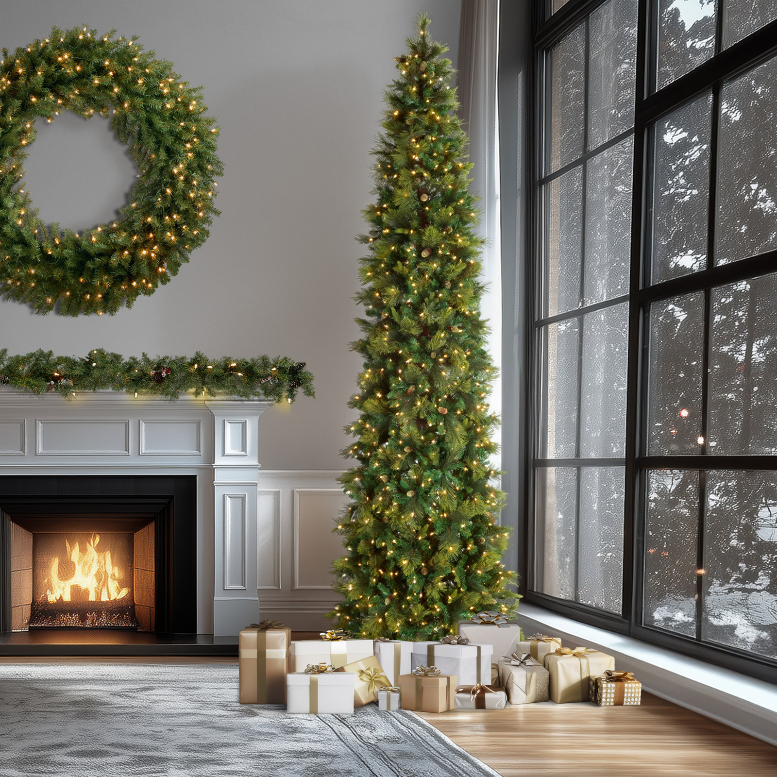 The Holiday Aisle® Carolina Pine Slim Tree with Clear Lights, 12'