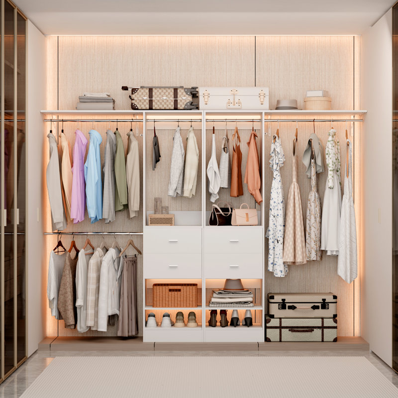 Système de rangement réglable réglable pour garde-robe 2 pièces 119,72 "-182,72" avec tiroirs et sections suspendues