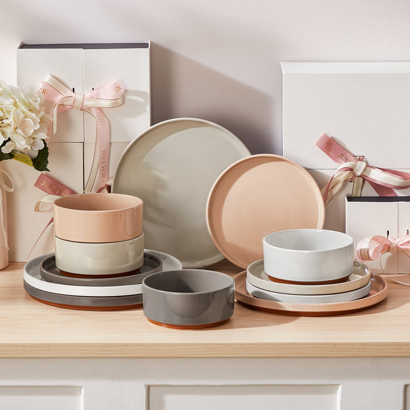 Ensemble 12 pièces de vaisselle en terre cuite mélangée 12 couleurs avec glacis au sésame - assiettes, bols et service en céramique fabriqués à la main moderne pour 4 - Vaisselle rustique et contemporaine pour les repas de famille, les réceptions et les cadeaux
