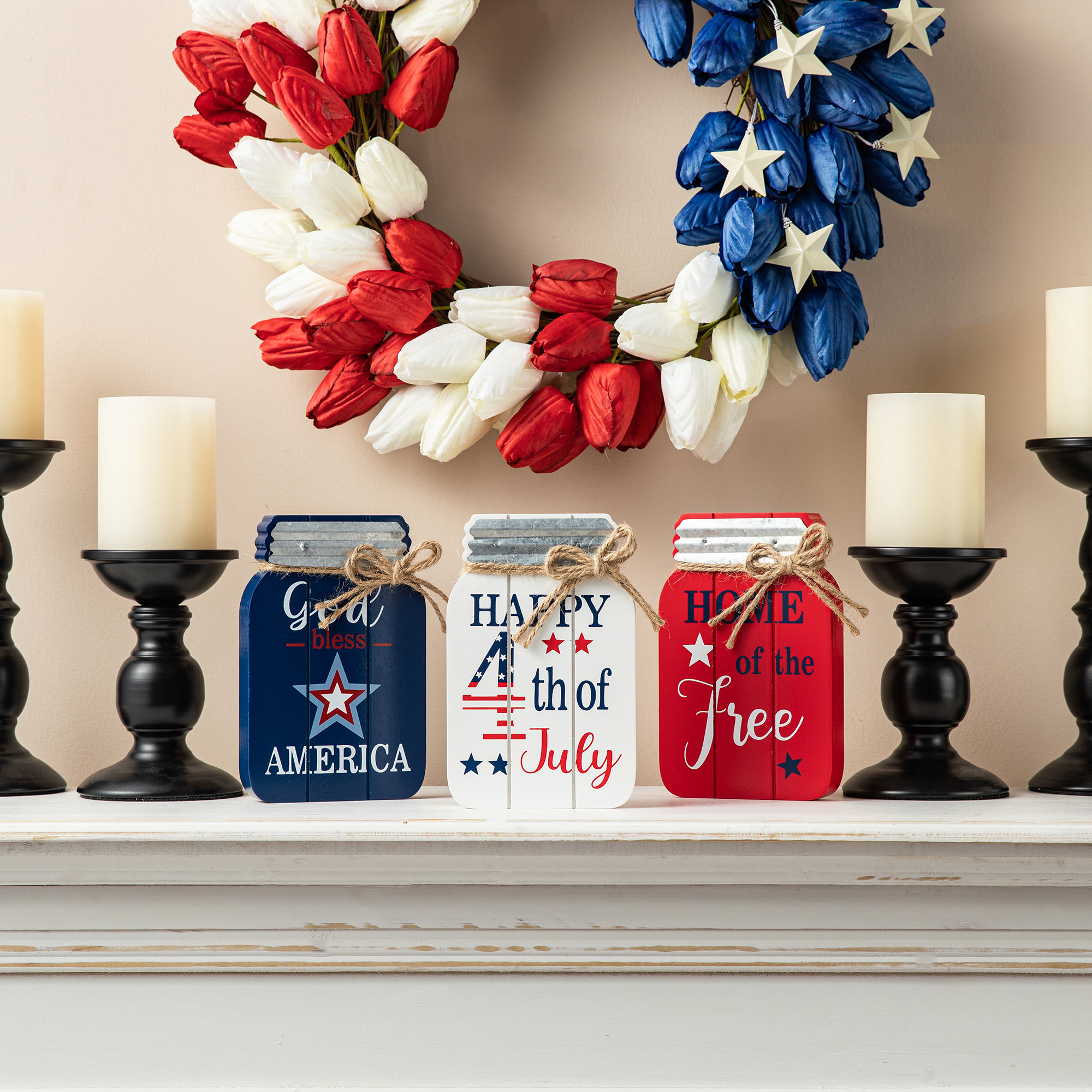 7"H Set Of 3 Patriotic/ Americana Wooden Mason Jar Table Decor