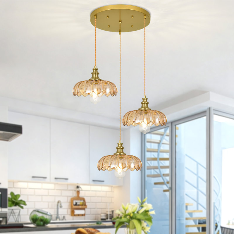  Luminaire suspendu en forme de dôme doré à 3 lumières avec abat-jour en verre pétale avec cordon Junathean, Ambre, 3