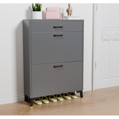 Shoe Storage Cabinet for Entryway, Free Standing Shoe Organizer with 2 Flip Drawers, Hidden Shoe Rack Storage Organizer for Doorway Hallway Closet, Gray