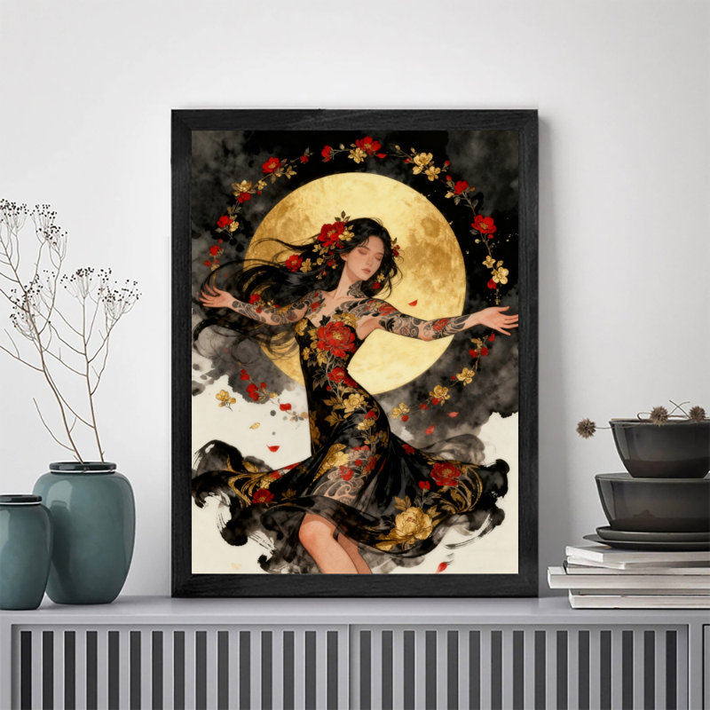 Reproduction d'art encadrée noire rétro japonaise, geisha, H 11 po x l 9 po