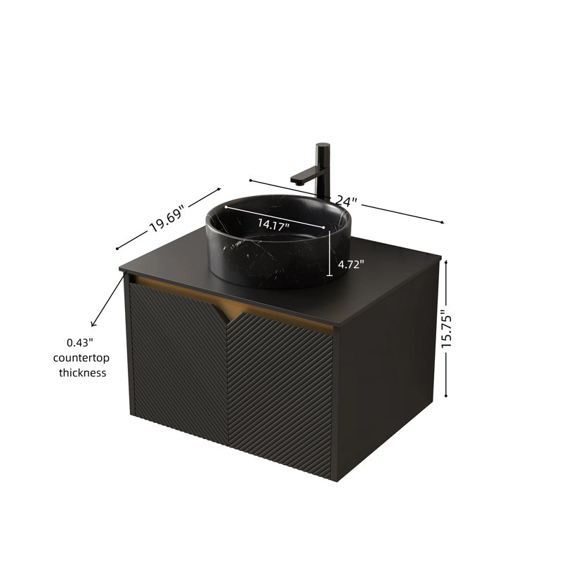 Meuble-lavabo de salle de bain 24 po RUBEN, armoire de rangement flottante murale en contreplaqué, portes doubles en sergé avec garniture en métal, vasque ronde en céramique noire avec motif en pierre et plateau en pierre frittée noire, noir