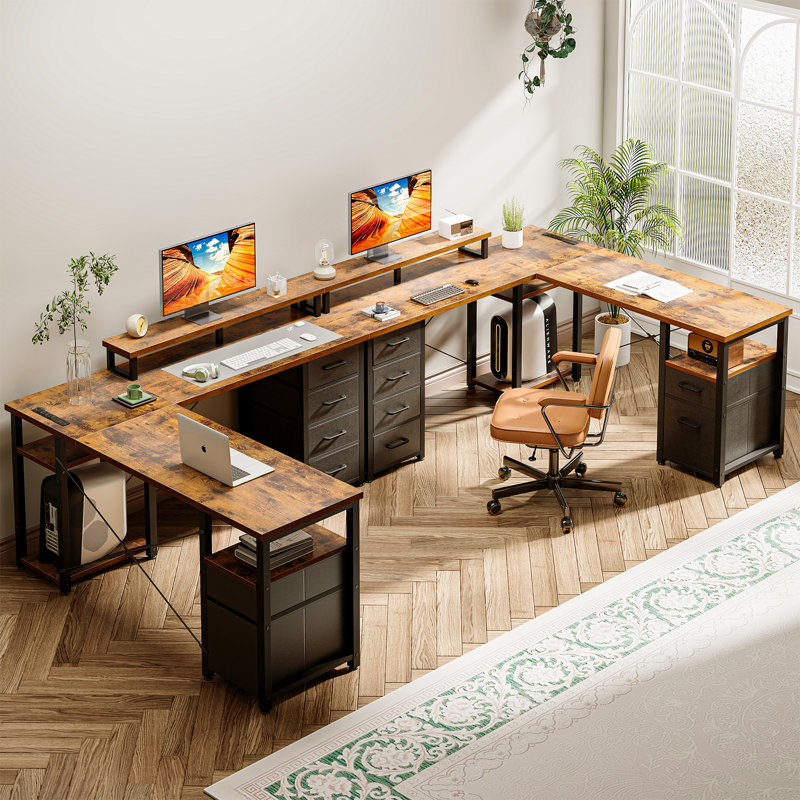 Elverton L-Shaped Gaming Desk with Built in Outlets, Brown/Black, 35" H x 66.1" W x 58.3" D
