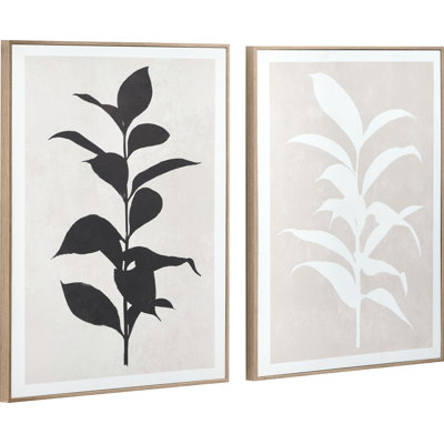 S/2 Natural And Black Leaf Print Canvases With Natural Frames - 2 Piece Single Picture Frame Set on Canvas