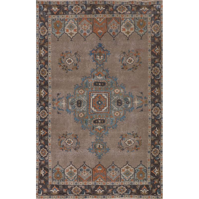 Tapis brun traditionnel à motif géométrique 6 x 10