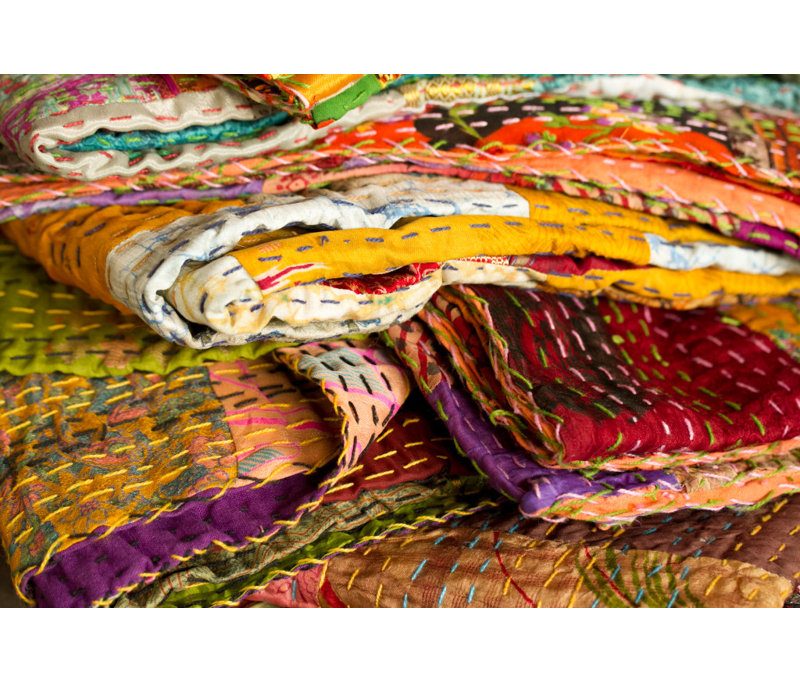 60" X 90" Blue and Yellow Kantha Cotton Patchwork Throw Blanket with Embroidery
