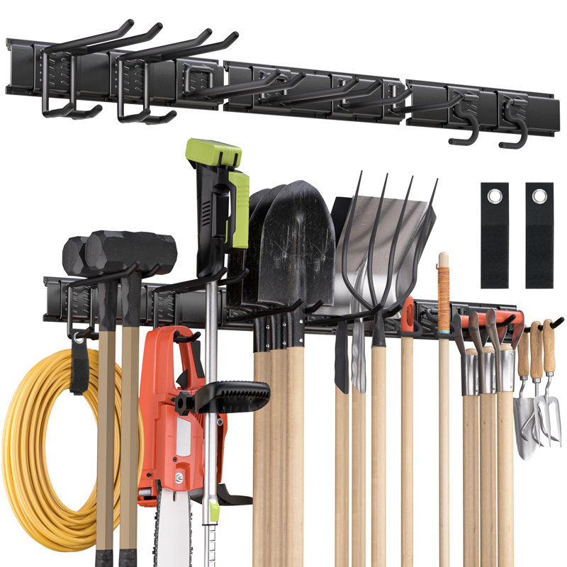 Garden Tool Organizer Wall Mount, 48 Inches Tool Storage Rack With Adjustable Hooks, 600Lbs Adjustable Heavy Duty Metal Hooks, Yard Shed Rack Holder System Hanging Rake Broom Mop, Father's Day Gifts