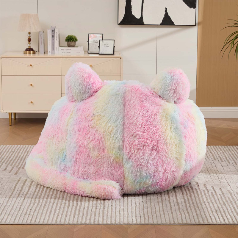 Pouf en fausse fourrure en forme de chat de 106 cm de large, fauteuil de sol confortable pour la lecture et les jeux, avec coussin pour la queue, idéal pour le salon et la chambre.