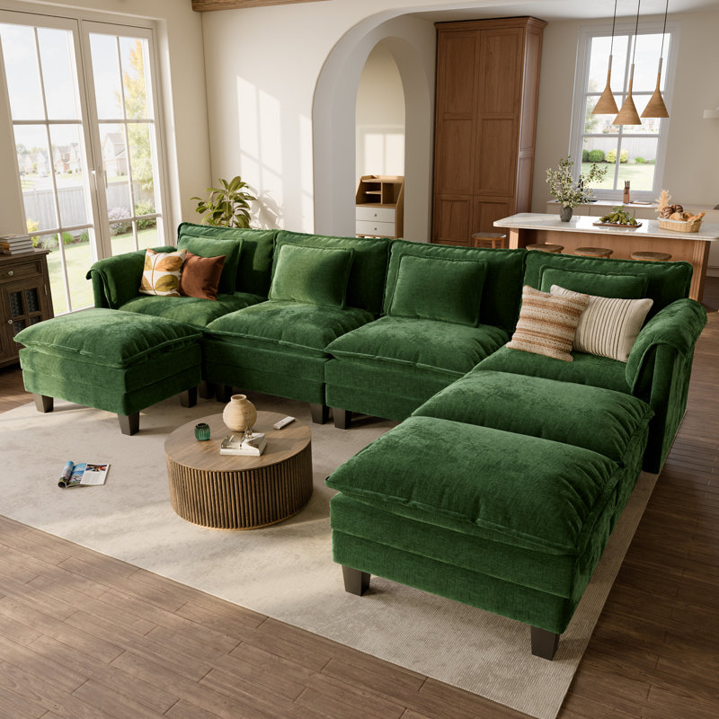 Amabilia 7-Piece 153'' U-Shaped Comfy Cloud Modular Sectional Sofa With Deep Seat, 4-Seat Sofa With Removable Ottomans-Chenille Fabric-Green