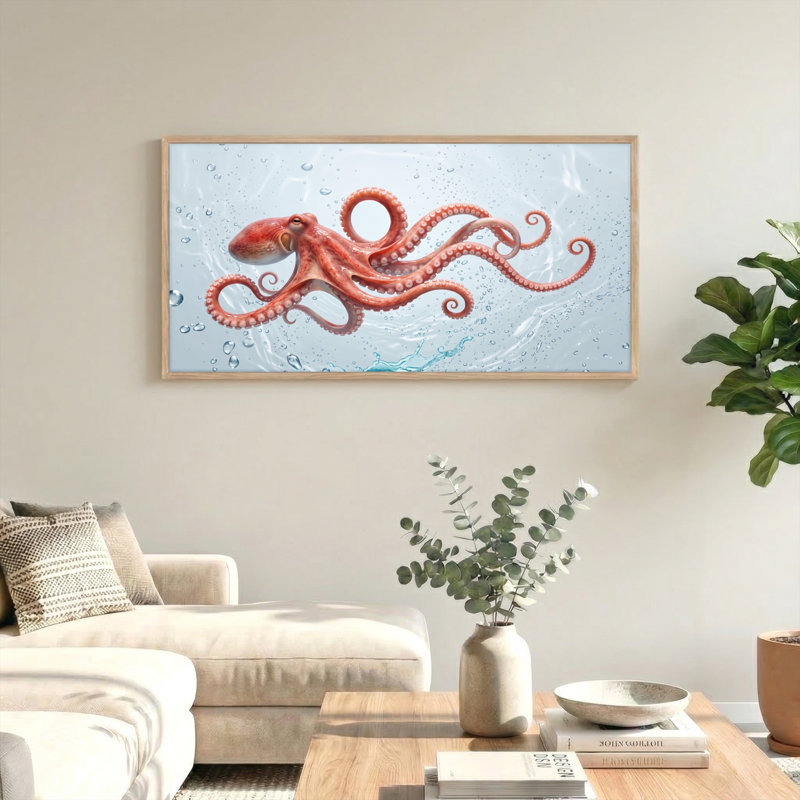 Ensemble de 1 tableau sur toile représentant une pieuvre dans l'eau, L 58 po x H 28 po, Naturel