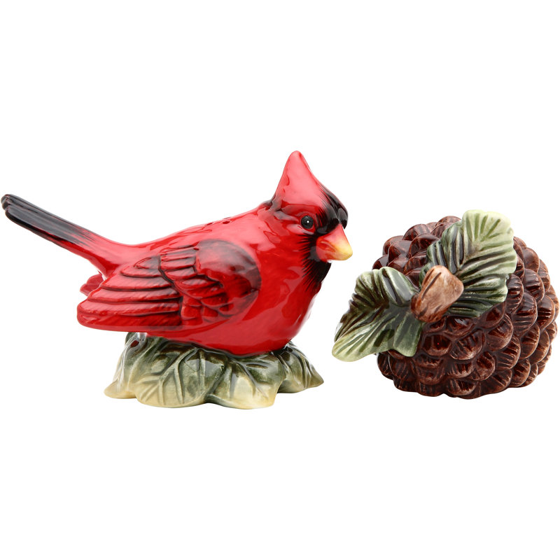Evergreen Holiday Red Cardinal & Pine Cone Salt and Pepper Shaker 