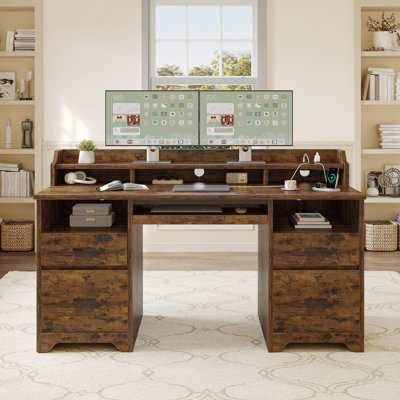 Bureau d'ordinateur 59 po avec prise de courant, bureau à domicile avec 2 rangements et 2 tiroirs classeurs