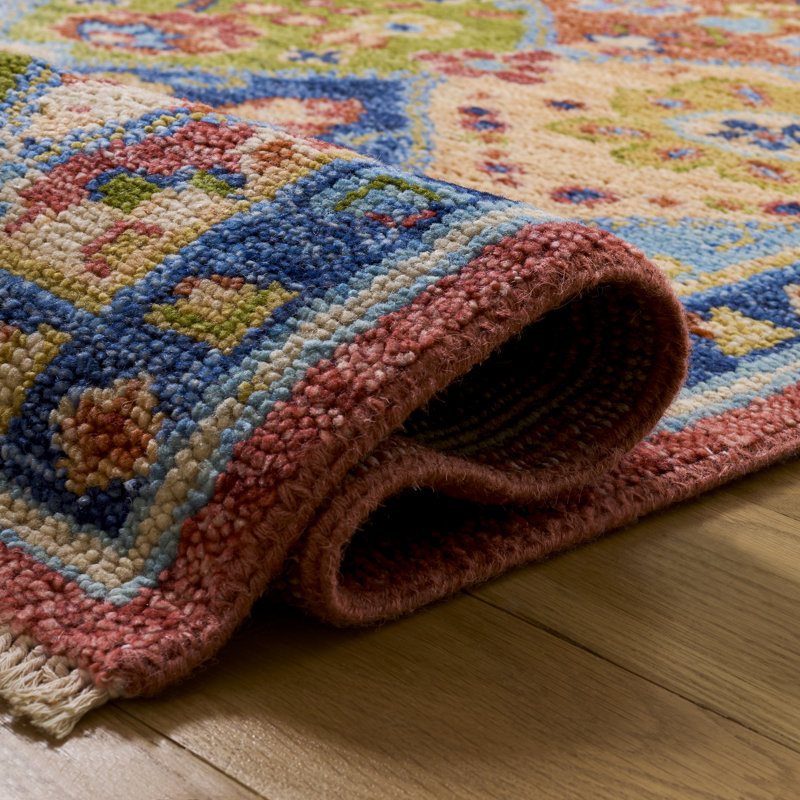 Tapis bleu / rouge en laine / coton noué à la main, Rectangle 9 pi x 12 pi