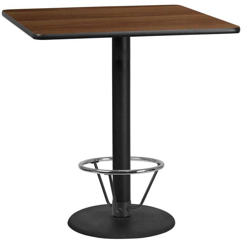 Basnight Rectangular Laminate Table Top with Round Bar Height Table Base and Foot Ring, Walnut, 43.125" H x 42" W x 42" D