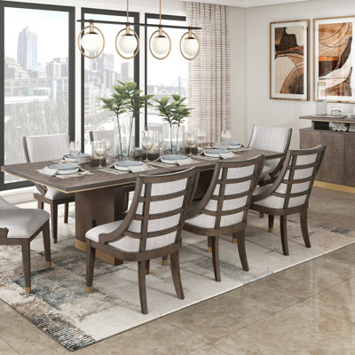 Modern Luxury 9-Piece Dining Set With Extension Table And 8 Upholstered Armchairs, Gold Tipping For Elegant Dining, Dining Table Set