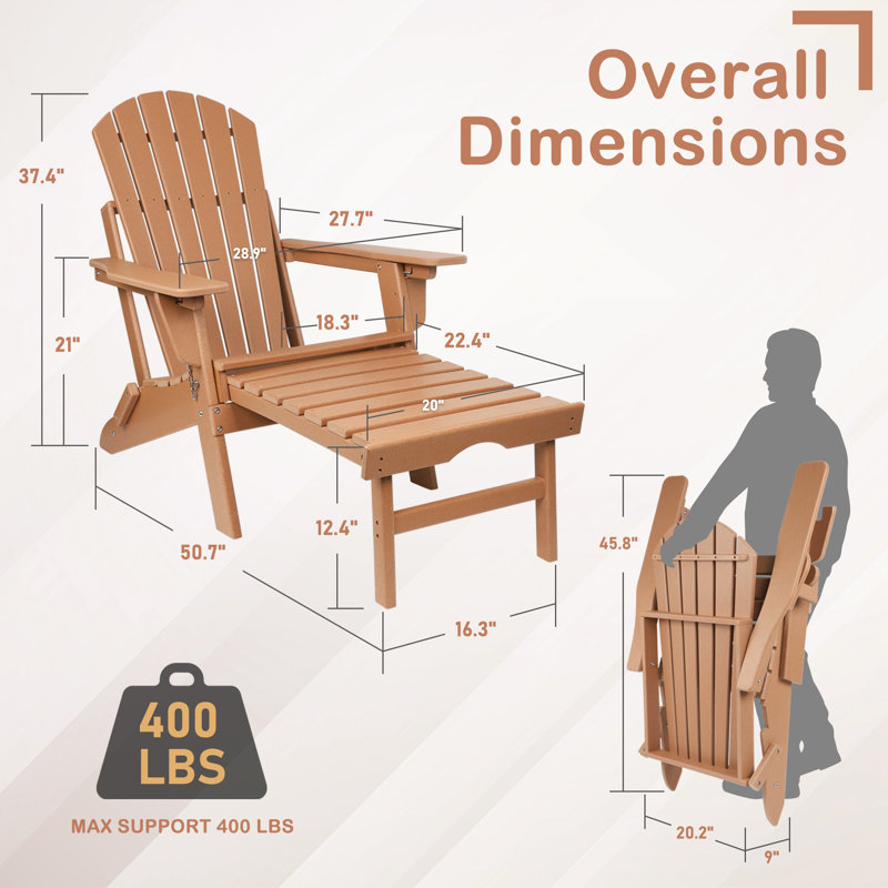 Plastic Folding and Adjustable Adirondack Chair with Ottoman, Brown