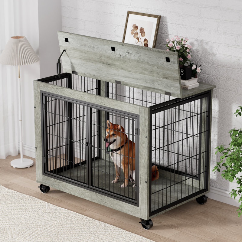 Grande cage pour chien de style meuble, table de bout pour chenil avec trois portes, H 31 po x l 44 po x P 30 po, Gris