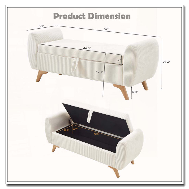 Banc rembourré en velours côtelé avec rangement 57 po, Beige