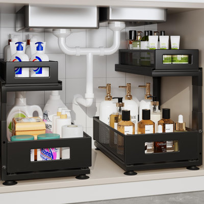 Under Sink Organizer With Next-Gen Ball-Bearing Slides, 2-Tier Pull Out Cabinet Storage,Height Adjustable Drawer Shelf for Bathroom, Kitchen, Laundry, Cabinet, Pantry, 2 Pack, (Black)