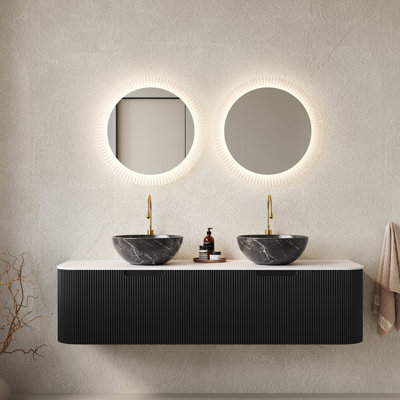 Meuble-lavabo de salle de bain 60 po, 2 tiroirs, 2 cuves en céramique et un plateau en pierre frittée blanc de Carrare préassemblé, de couleur noire