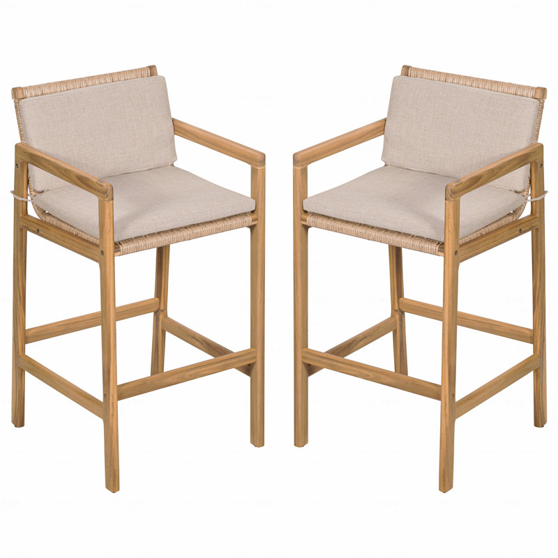 Ensemble de 2 tabourets de bar d'extérieur en bois de teck avec coussin beige
