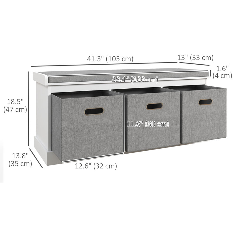 Shoe Bench with Cushion Seat, 3 Fabric Drawers for Entryway Hallway