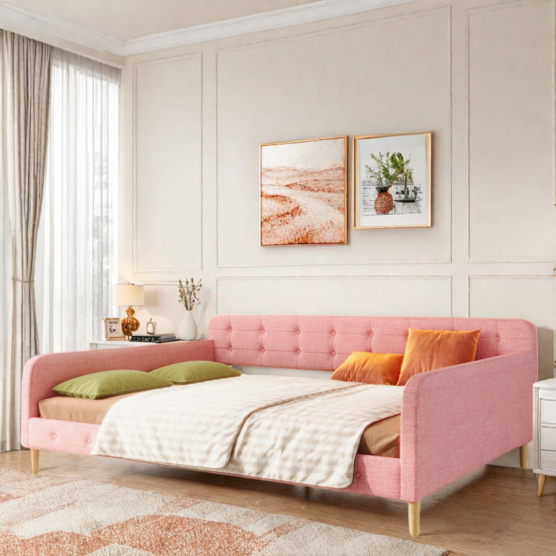 Lit de jour rembourré avec 4 pieds de soutien, Rose
