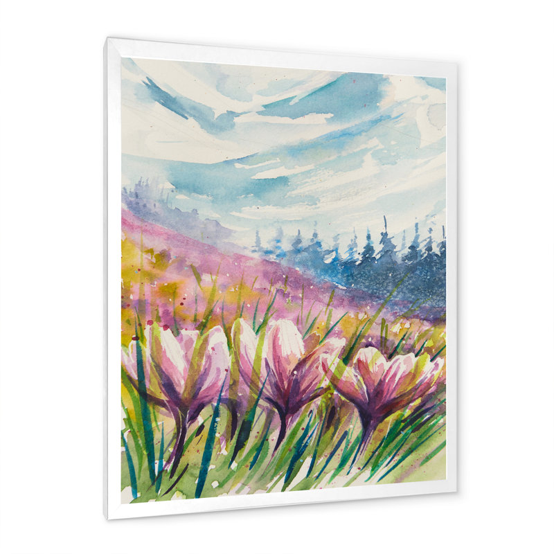 «Crocuses Meadow In Abstract Mountains», art mural traditionnel sur toile, Toile avec cadre blanc, H 36 po x l 24 po x P 1 po