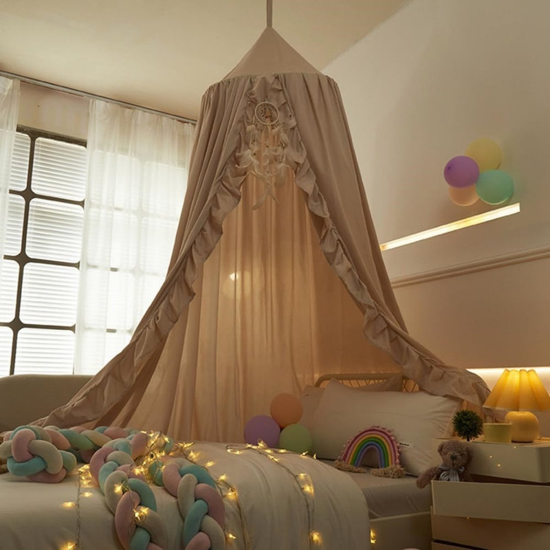 Princess Round Dome Bed Canopy With Ruffled, Ivory, 65 X 250 X 400Cm