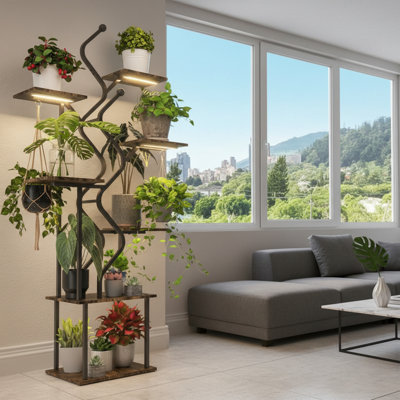 A Black Corner Plant Stand With Grow Lights, 63 Inches Long, 7 Tiers, And Hooks, Perfect For Decorating Living Rooms And Patios, And Suitable For Vari by Arlmont & Co.
